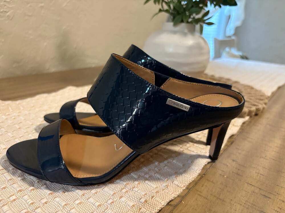 Calvin Klein Deep Navy Blue Cecily Wide Strap Patent Heeled Sandal Mules